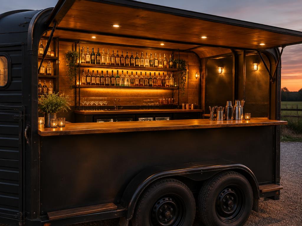 Finished back bar inside the converted horsebox, lit with warm amber lighting at dusk