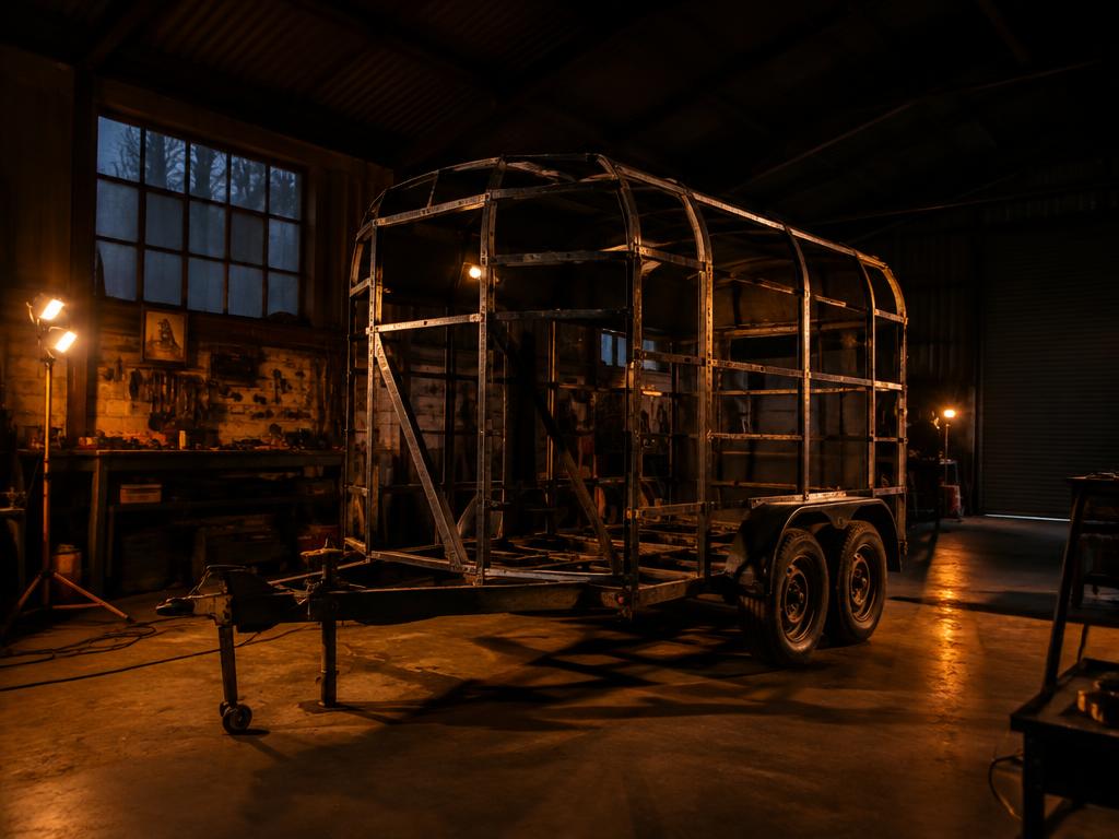 Old horse trailer stripped back to its steel frame in the workshop at the start of the conversion