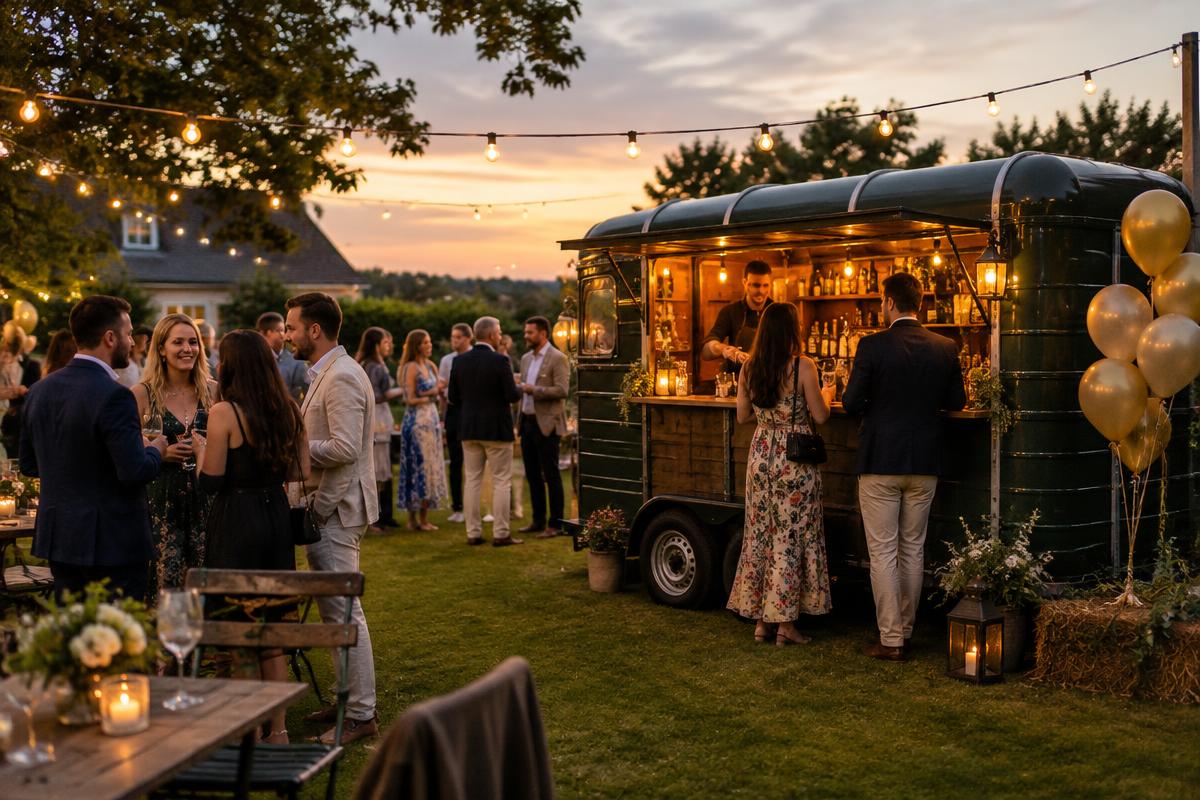Horsebox party bar at a garden birthday party